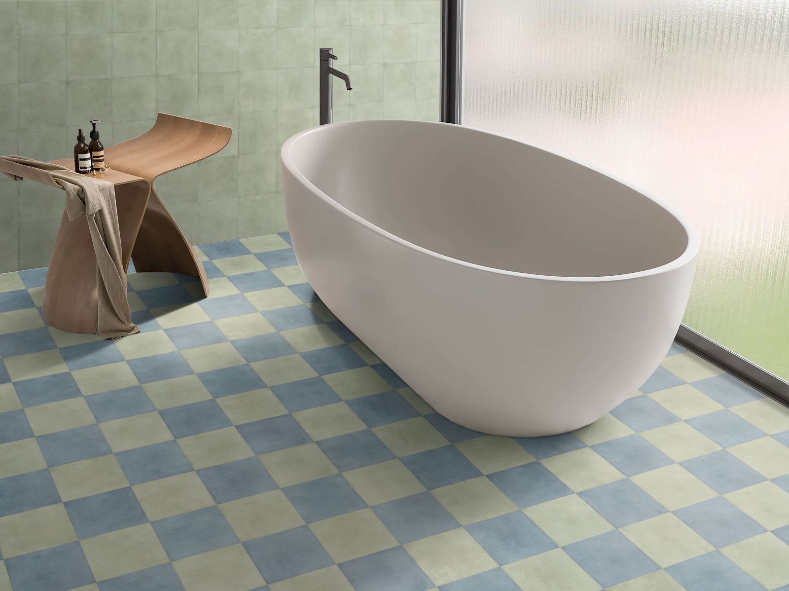 Tiffany Series checkerboard White and  Blue Tile with a matte finish soft white and blue base, ideal for feature walls and splashbacks.