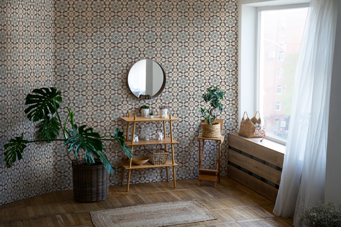 Geometric Mediterranean tile in green and charcoal tones with vintage finish.