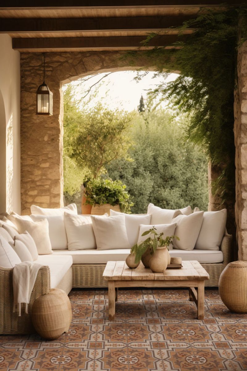 Terracotta-toned patterned floor tile featuring detailed Spanish-inspired motifs in rust, cream, and grey, evoking the rustic charm of Mediterranean courtyards.