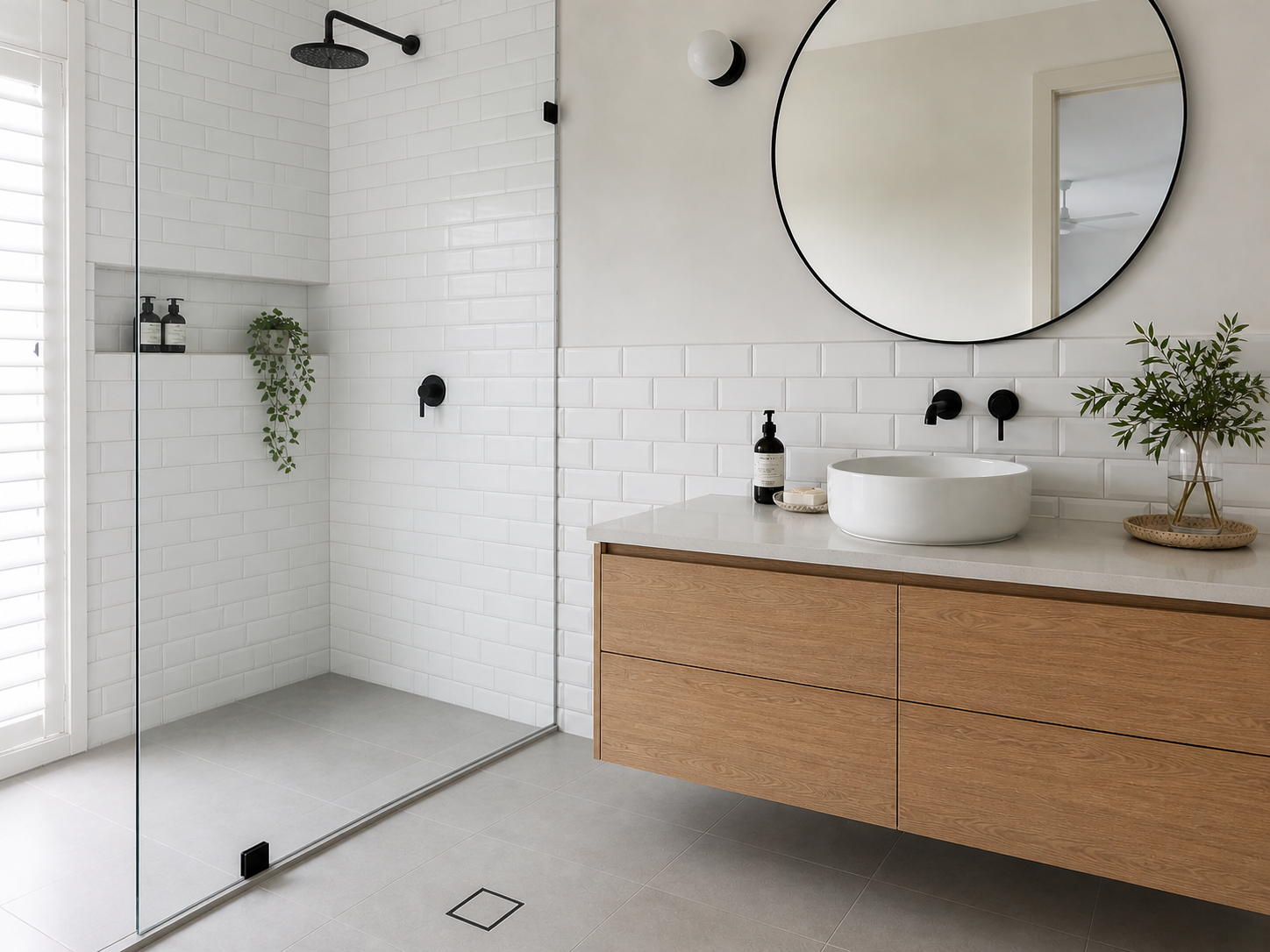 Bevelled edge wall tiles in a bathroom