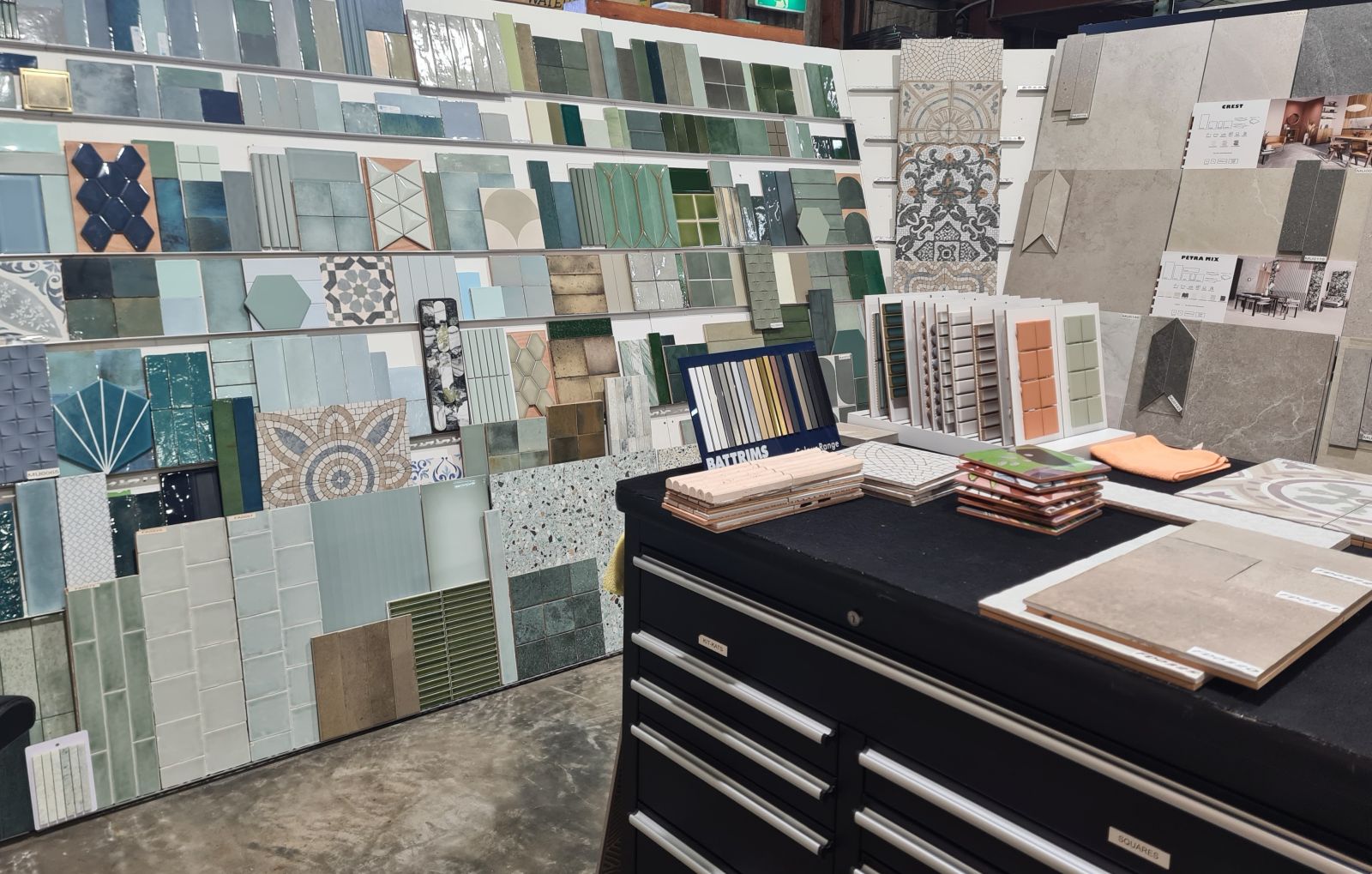 Tile selection and design consultation in showroom
