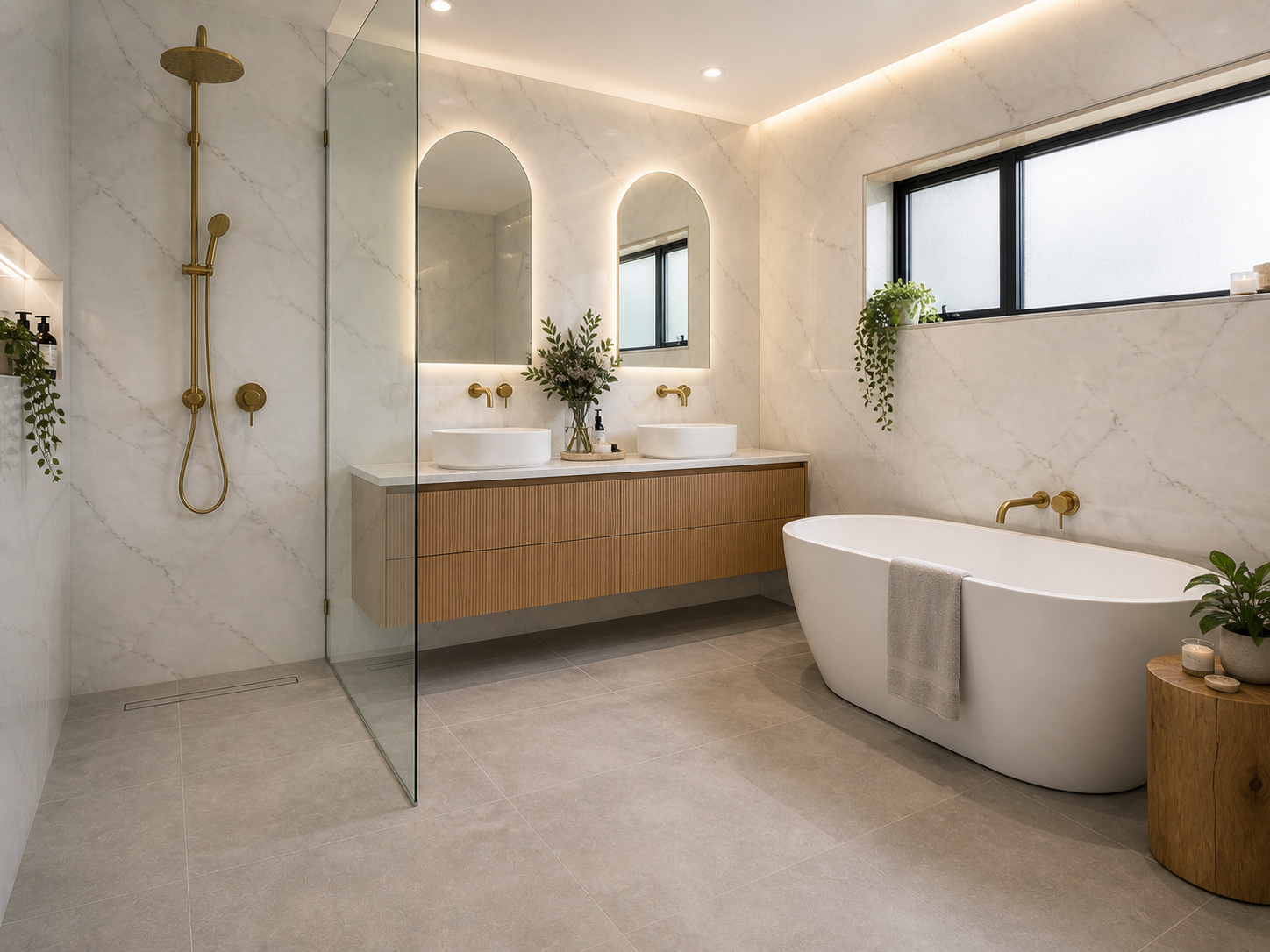 Marble wall tiles with a soft grey floor tile used in a bathroom