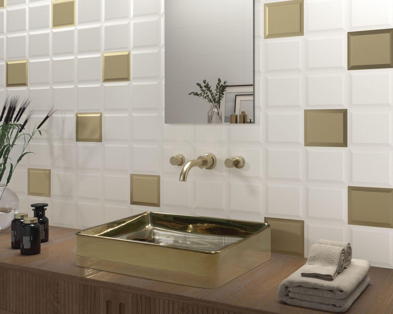 Bevelled edge wall tiles in a bathroom