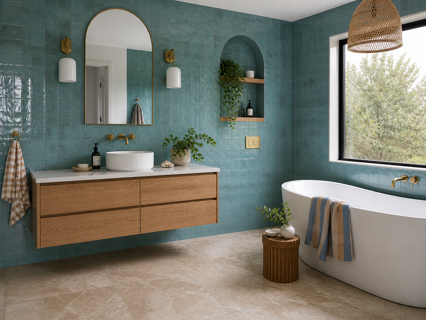 Zelige wall tiles with natural stone floor tiles in a bathroom