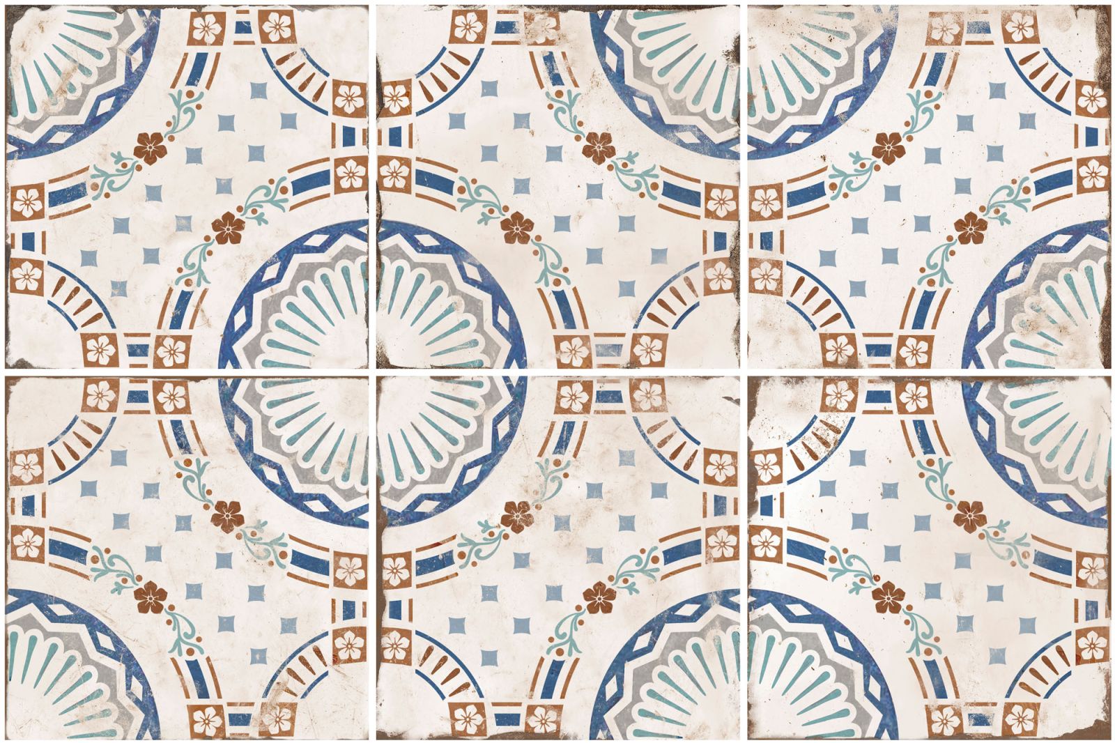 Blue and terracotta circular patterned tile with coastal look