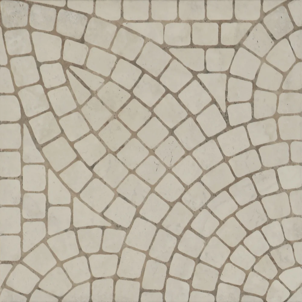 Close-up of the Mikron Delos tile showing an intricate curved mosaic pattern in soft cream stone tones.