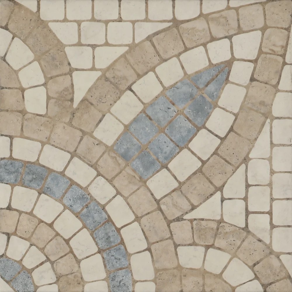 Close-up view of the Mikron Malta patterned mosaic-look tile featuring soft beige, cream, and blue tones arranged in an intricate curved motif.