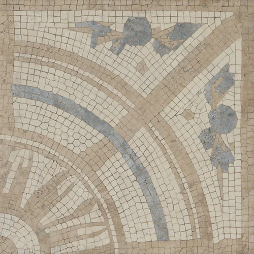Close-up view of the Mikron Medalyon tile showing an intricate mosaic-inspired pattern in cream, beige and soft blue tones with curved and floral-like detailing.