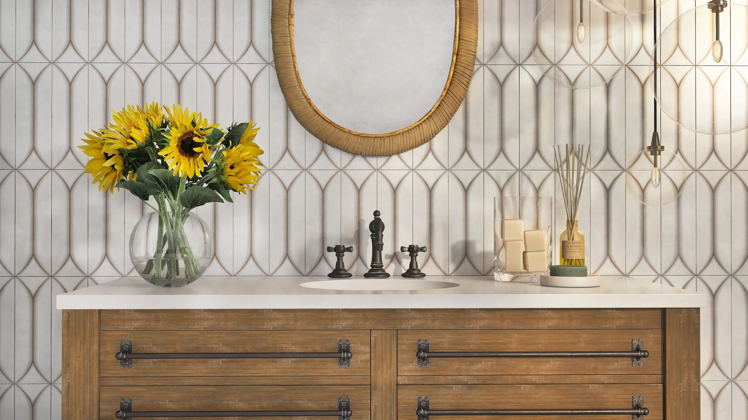 Negassi Ice patterned tile used as a bathroom feature wall with timber vanity and round mirror