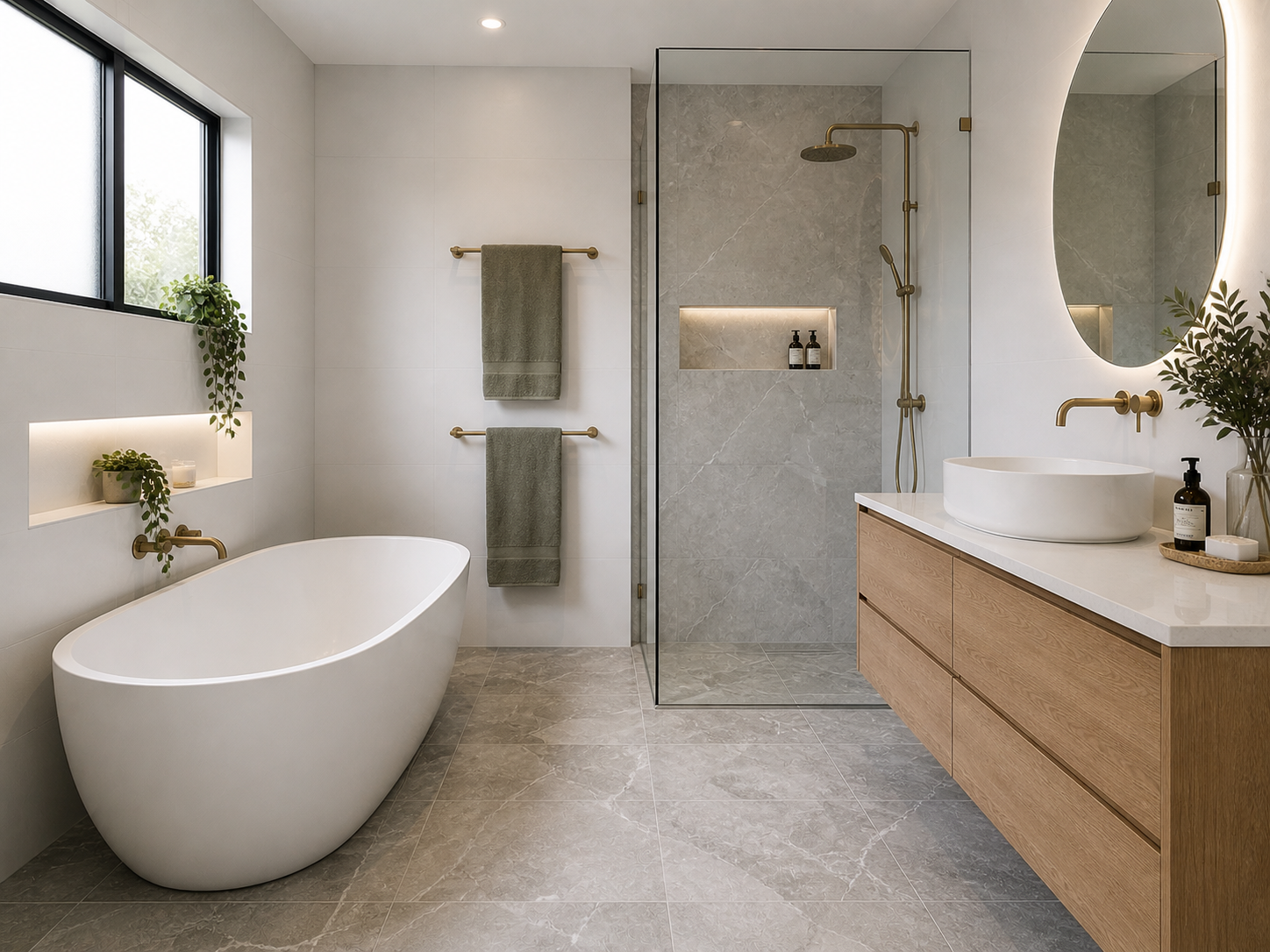 soft grey stone floor tiles and white matt wall tiles in a bathroom